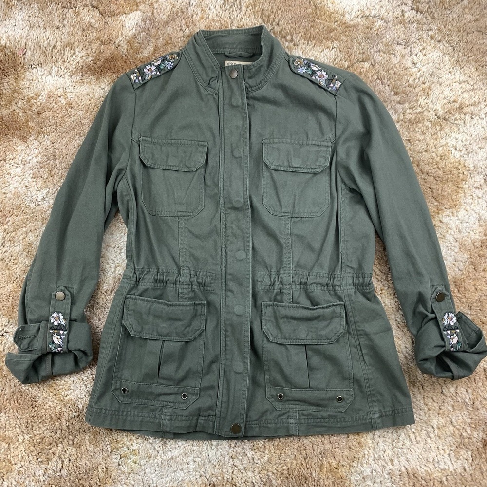 Democracy Jacket Women Size Small Green Floral Embroiderd Detail Military